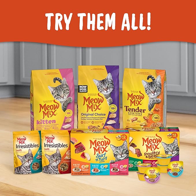 Meow Mix Tender Centers Salmon & White Meat Chicken Flavors Cat Food, 3 Pound (Pack of 4), Crunchy Outside Meaty Inside