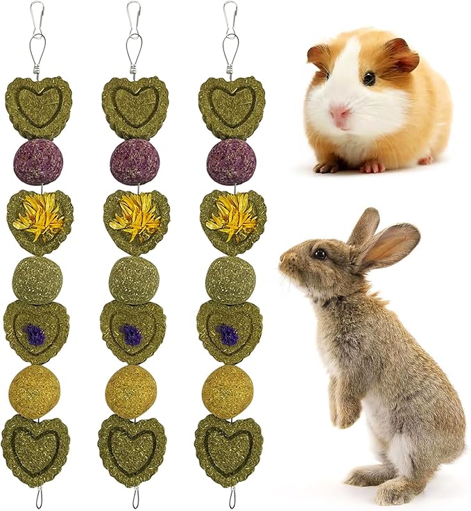 kathson 3Pcs Bunny Chew Toys Rabbit Chewing Toy for Teeth Hanging Grinding Chinchilla Treats Timothy Grass Cake Molar Balls for Guinea Pigs Hamsters Gerbils Rats Squirrels Playing Improve Pets Dental
