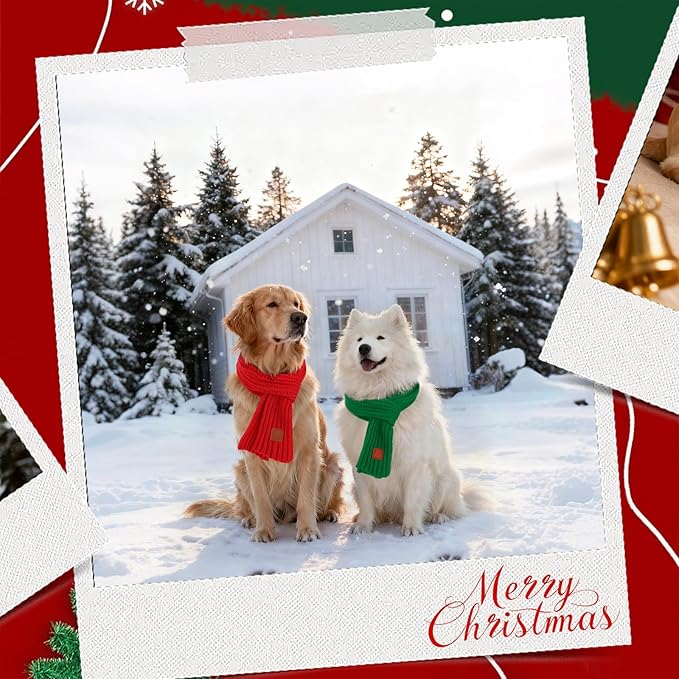 BWOGUE 2-Piece Winter Dog Knitted Scarf & Dog Neck Warm Bandanas with Red and Green Patterns for Medium/Large Dogs - Winter Warm Holiday Scarf Pet Accessories (Red, Green)