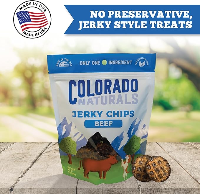 Colorado Naturals Salmon Jerky Chips Dog Treats 16 oz Beef Jerky Chips Dog Treats 6 oz – All-Natural, Made in USA, No Fillers or Preservatives – Great for Muscle Development
