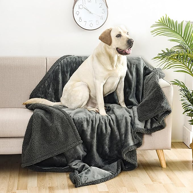 Waterproof Pet Blanket, Lovers Blanket Reversible Plush Sherpa Fleece Furniture Protector for Sofa, Bed & Couch, Liquid & Pee Proof Dog Blanket Cover for Dogs Cats Lovers Couples (Gray, L(57"x65"))