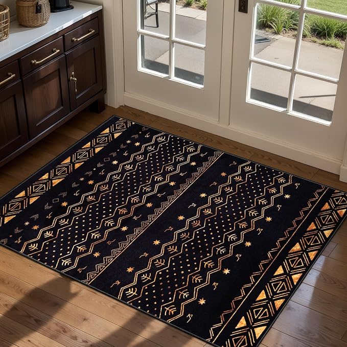 SERISSA 2x3 Rugs for Entryway, Washable Non-Slip Black and Gold Small Area Rug