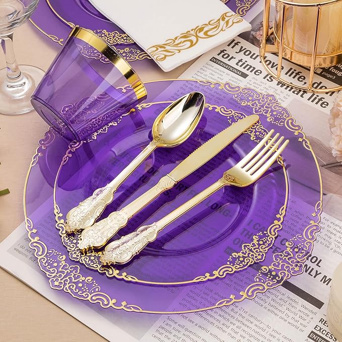 700PCS Clear Purple Plastic Plates for 100 Guests, Disposable Plate with Gold Trim include 100 Dinner plates, 100 Dessert Plates, 100 Gold Silverware, Cups and Napkins for Party, Graduation