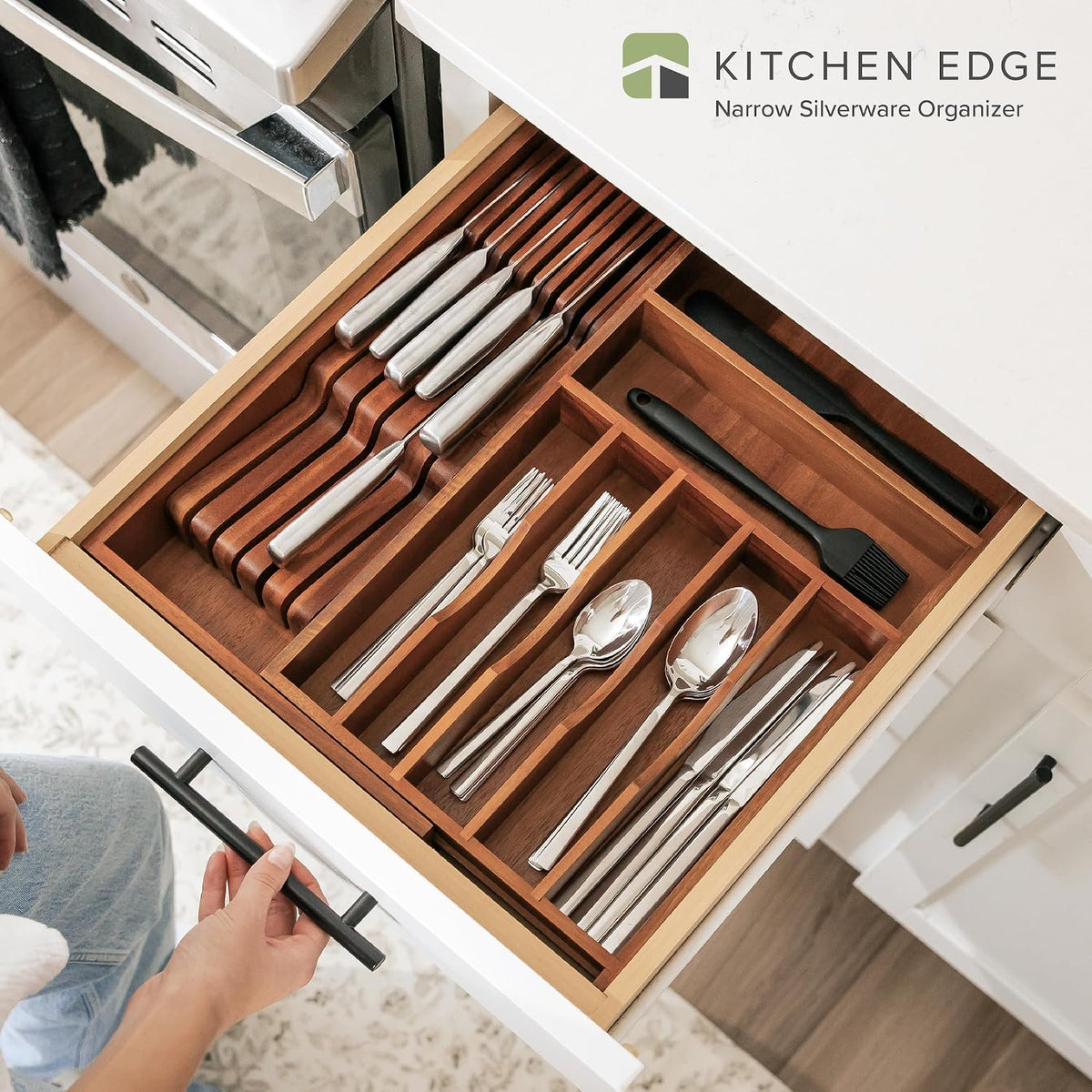 KitchenEdge Silverware & Utensil Drawer Organizer, 10.5-19 in, Acacia