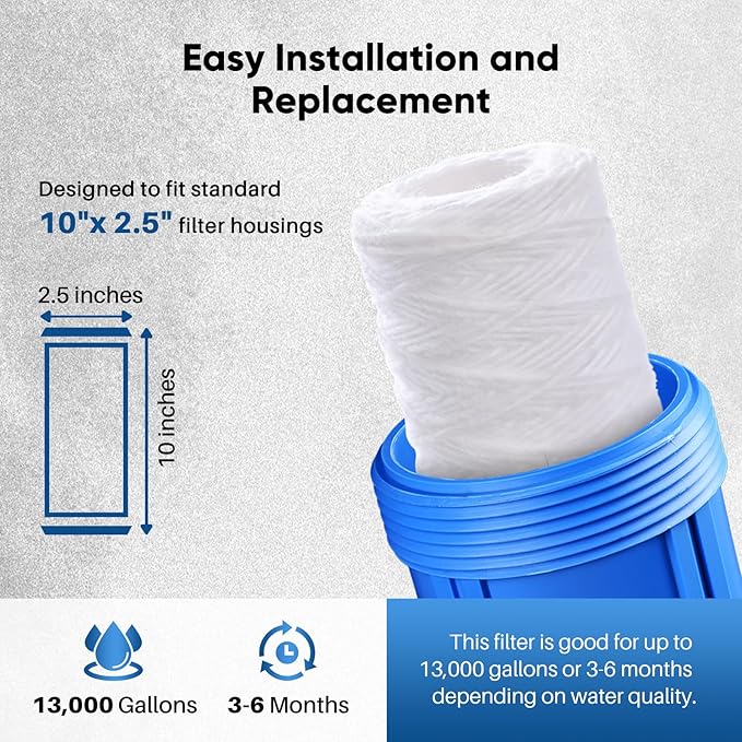PUREPLUS 10 Micron 10"x2.5" Whole House String Wound Sediment Filter