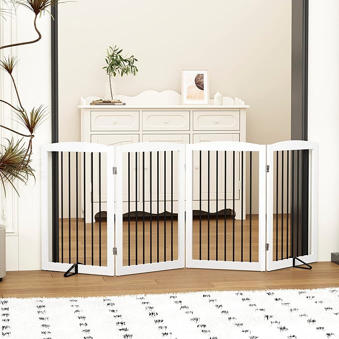 Freestanding Pet Gate for Dogs, Indoor Wooden Dog Gate for House, Foldable Dog Gate for Doorway, Stair, Gates for Dogs Indoor, 80 Inch Wide, 4 Panels 32", White