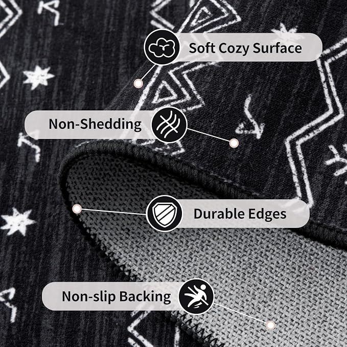 SERISSA 2x5 Kitchen Runner Rug, Washable Non-Slip Black and White Boho Rug