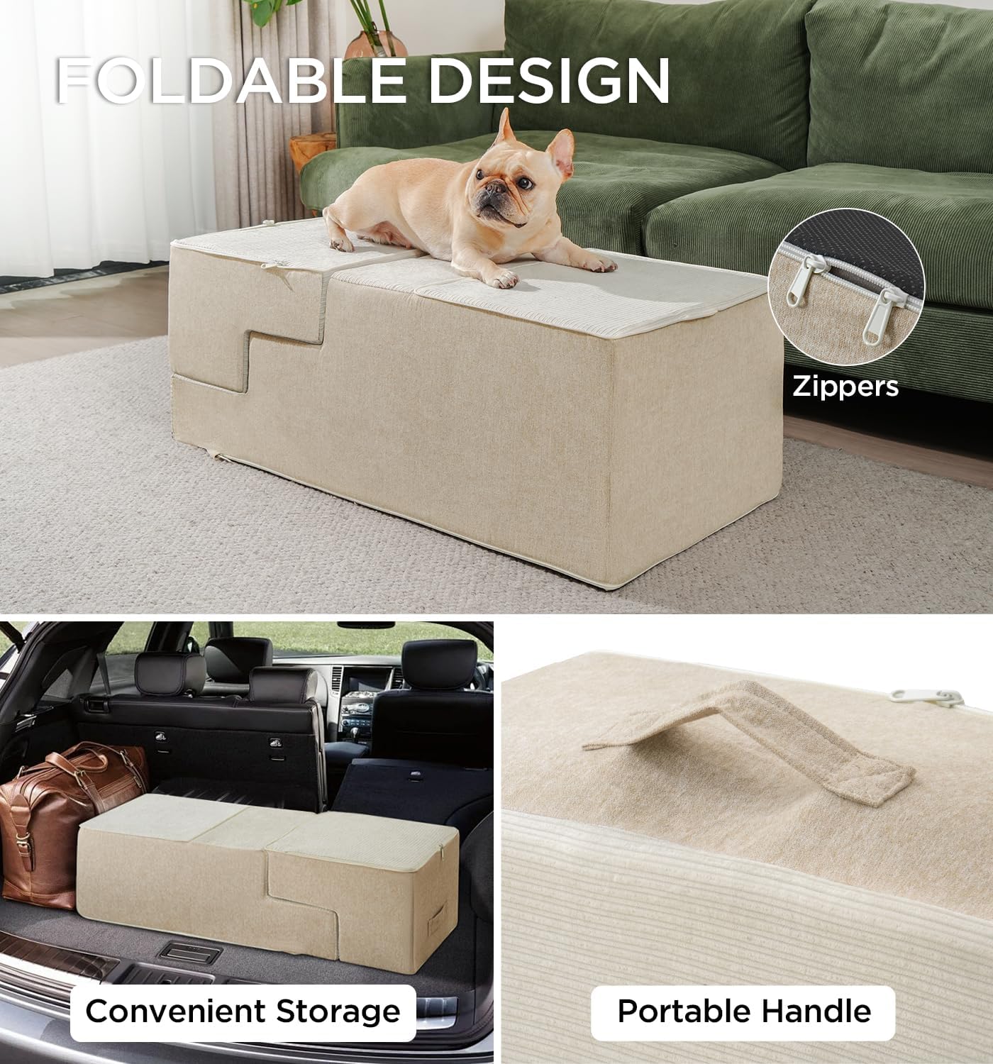 Made4Pets Dog Stairs for Small Dogs, Extra Wide Dog Steps for Bed Couch Sofa and Chair, 35D Foam Pet Steps for Small Dogs and Cats, Non-Slip Bottom Pet Stairs, Beige, 3 Steps
