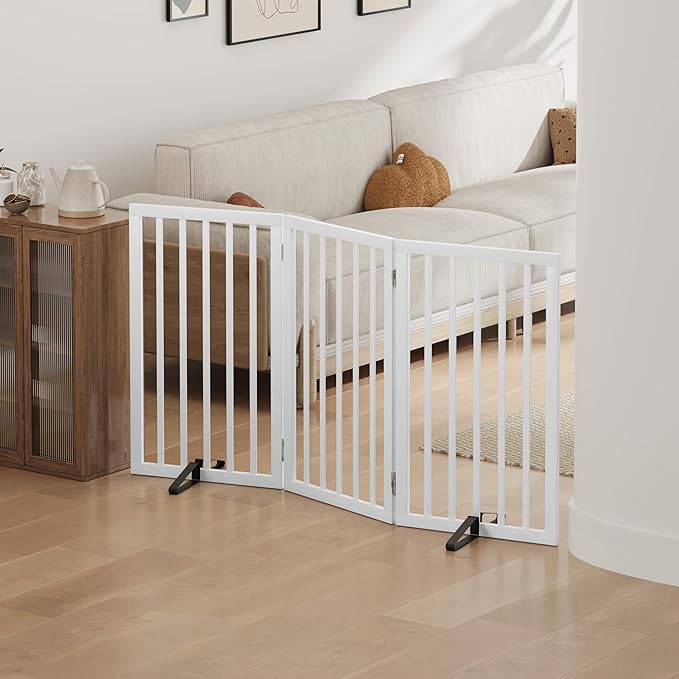 Dog Gates for Doorways, Tall Dog Gate Indoor, Foldable Pet Gates for Doorways Bedroom, Freestanding Puppy Gate with Metal Support Feet, Room Divider 3 Panels (White)