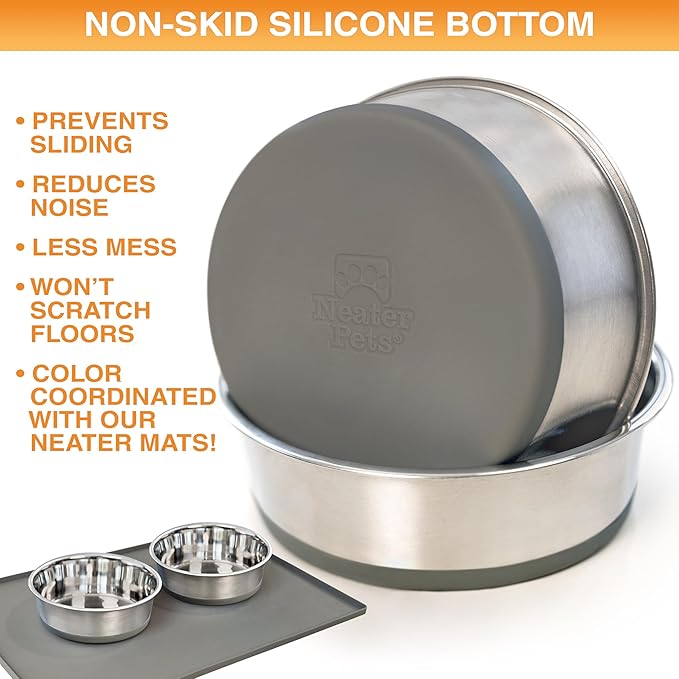 Neater Pet Brands Stainless Steel Dog Bowls with Non-Slip Rubber Bottom – Set of 2, 6 Cup (48 oz), Gray - Heavy Duty Metal Dog Bowl, Dishwasher Safe, Food or Water Bowl, Ideal for Large Dogs