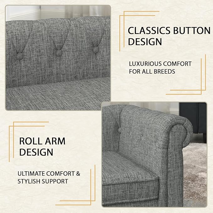 Elevated Rectangle Dog Sofa for Small & Medium Dogs - Comfortable Linen Fabric Dog Bed with Button Tufted Back, Durable Modern and Stylish Pet Bed for Living Room, Bedroom (Light Grey)