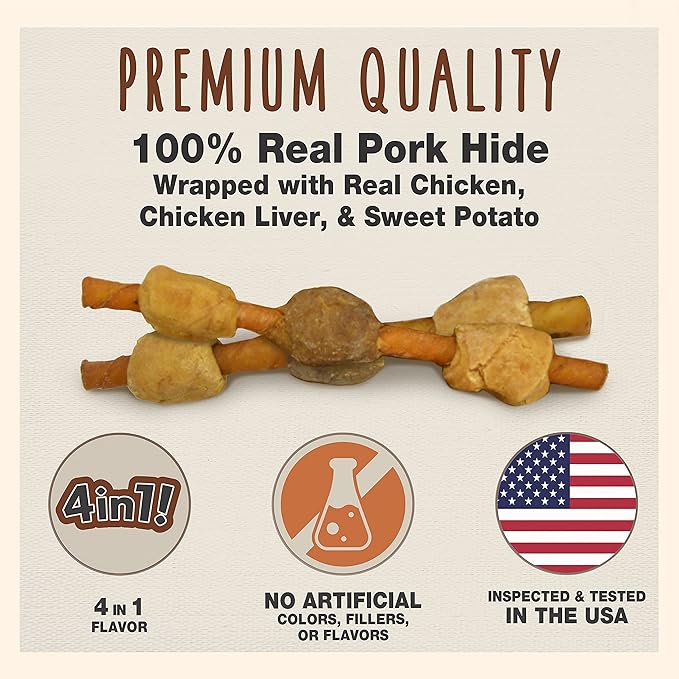 Cadet Gourmet Shish Kabob Dog Chews for Small Dogs, Rawhide Treats with Chicken, Duck and Sweet Potato, Healthy & Natural Pork Hide, 5-Inch Sticks, 24 oz.