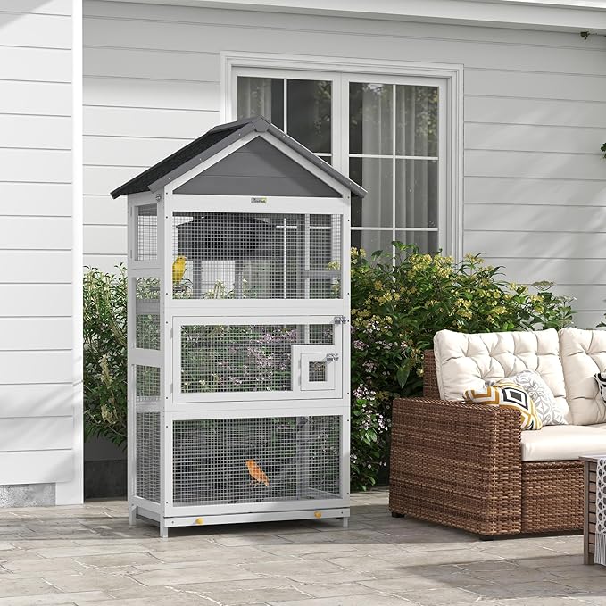 PawHut Wooden Bird Aviary, 67" Outdoor Bird Cage with Slide-Out Tray, Three Doors, Birdhouse, Ladder, Perches for Finches, Parakeets, Gray