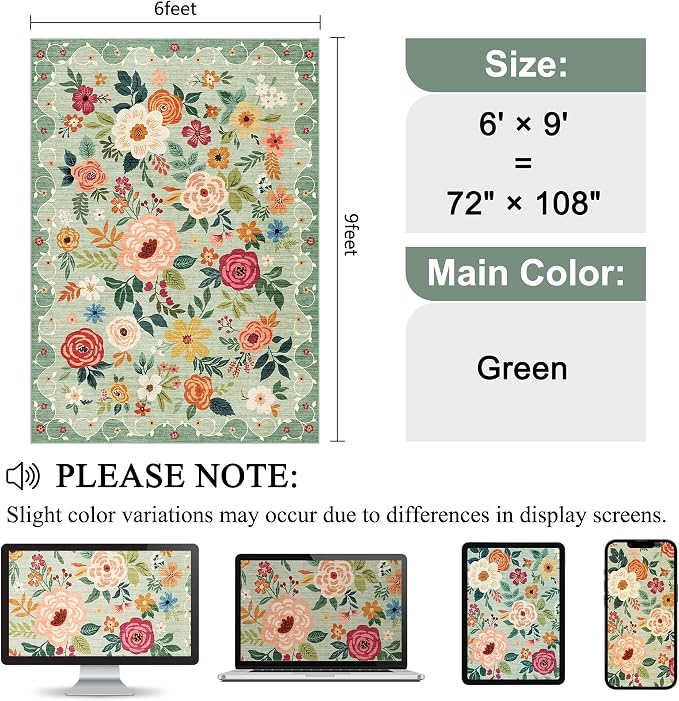 DUKINO 6x9 Area Rug, Floral Rugs