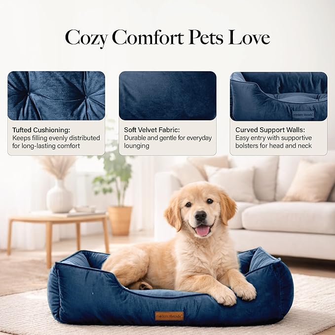 Modern Threads Luxury Dog Bed - Comfortable Tufted Velvet Cushion for Small to Large Dogs - Machine Washable - Durable & Cute Sleep Space for Pets - Pamper Your Pet with Cozy Beds - Denim