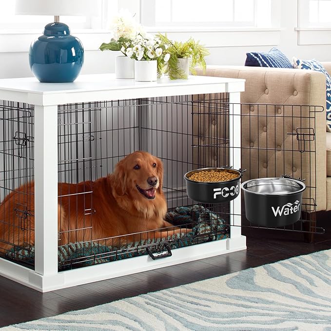 Crate Water Bowl No Spill for Large Dogs, Removable Stainless Steel Dog Bowls for Food and Water, Dog Kennel Hanging Wet and Dry Food Feeder for Medium/Large Pets, (7.1"x3.7" & 6.3"*2.6", Black)