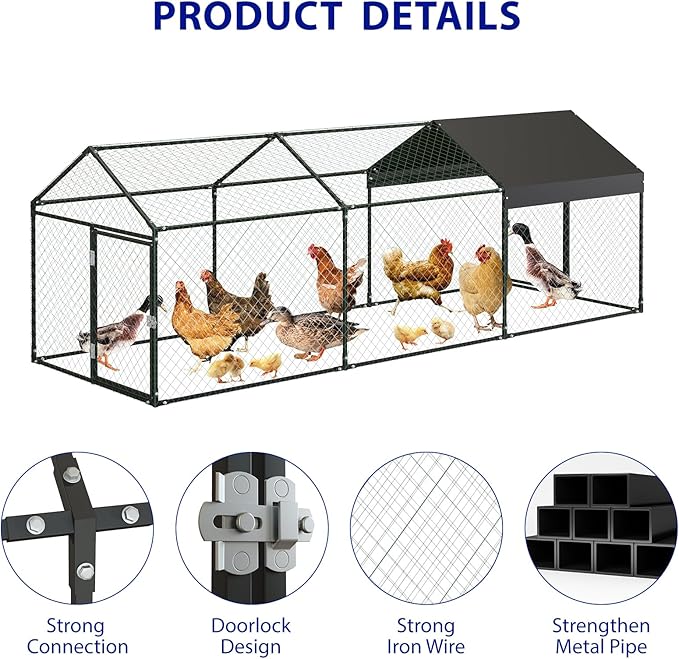Metal Chicken Coop Run,Outdoor Walk-in Cage Peak Hen House with Waterproof and Anti-Uv Cover,Spire Roof Hen House with Security Lock for Outdoor,Backyard and Farm, 9.8 x 3.3 x 3.3 ft