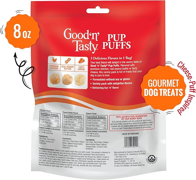 Good ‘n’ Tasty Pup Puffs, 8 Ounces, Low-Calorie Cheese Puff-Inspired Dog Treats, Flavored with Premium Chicken, Real Peanut Butter or Tasty Cheese, Light & Crispy Texture