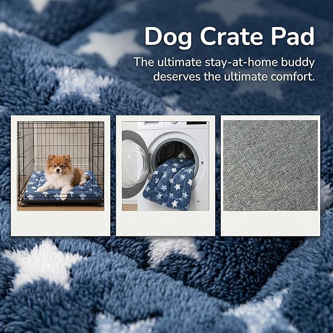 Dog Bed Mat - Reversible Dog Crate Bed Mats, Soft & Breathable Kennel Pad, Durable Crate Bed for Small Dogs & Cats (Navy&Stars, S(24"*16"*1.2"))