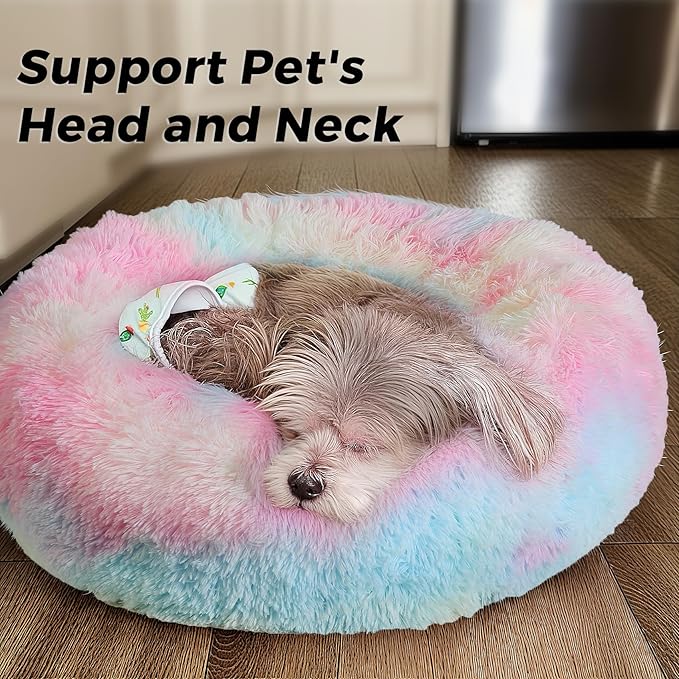 Calming Dog Bed & Cat Bed with Anti-Slip Bottom, Medium Size Washable Anti-Anxiety Donut Dog Beds for Small Dogs & Cats, Fluffy Plush Cozy Round Dog Bed(24 Inch, Rainbow)