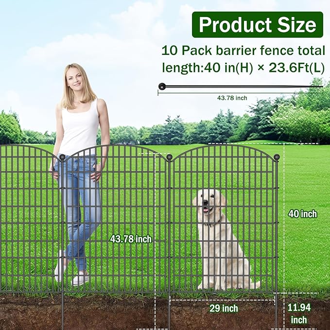 10 Panels No Dig Decorative Garden Fence - 40 in (H) x 23.6 ft (L), Dog Fence Outdoor for Yard，Rustproof Metal Animal Barrier Ground Stakes Fencing for Garden, Patio, Flower Bed