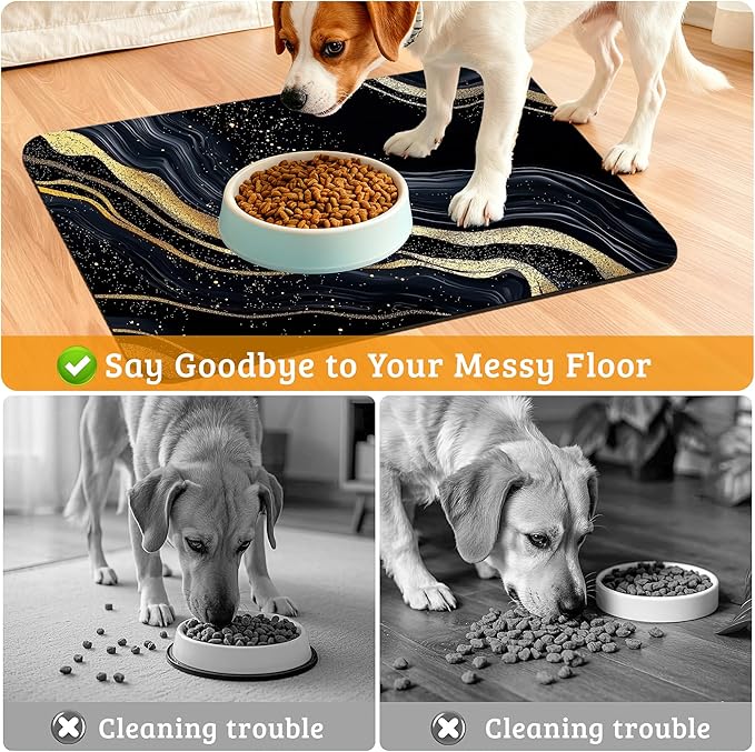 Dog Bowl Mat,Abstract Marbled Pet Feeding Mat for Floors Waterproof,Gold Black Absorbent Dogs Placemat for Food and Water Quick Dry Pet Cat Feeding Mats with Non Slip Bottom 16" x 24"