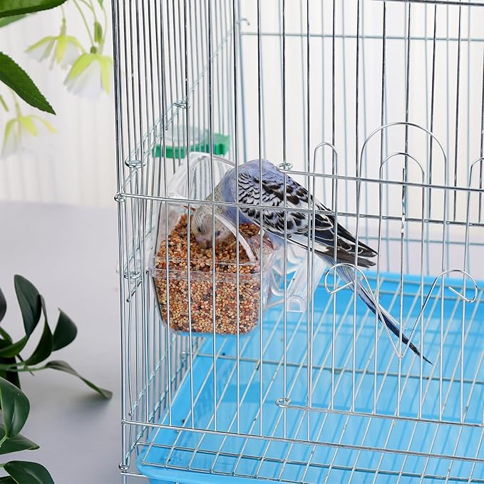 IBWell 2 Pack Clear Water Bowl and Food Container - Bird Cage Feeder With Perch for Parakeets - No Mess Design
