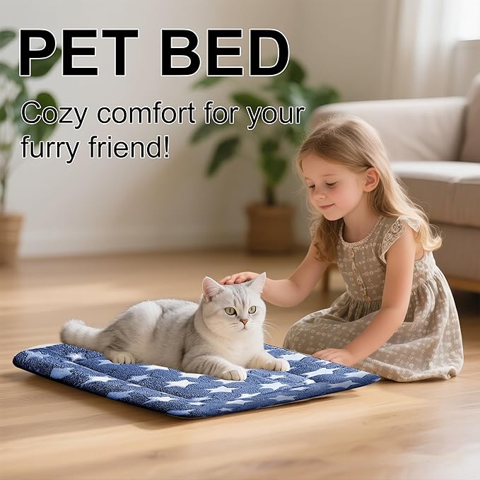 Dog Bed Mat - Comfortable Dog Kennel Pad, Multi-Purpose Crate Bed Mats for Dogs & Cats (NavyBlue&Stars, 18" L x 14" W x 1.5" Th)