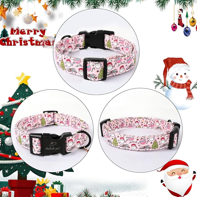 Christmas Dog Collar for Medium Dogs - Cute Santa Print Pink Christmas Collars for Dogs, Soft Adjustable Winter Holiday Dog Collars with Quick Release Buckle M