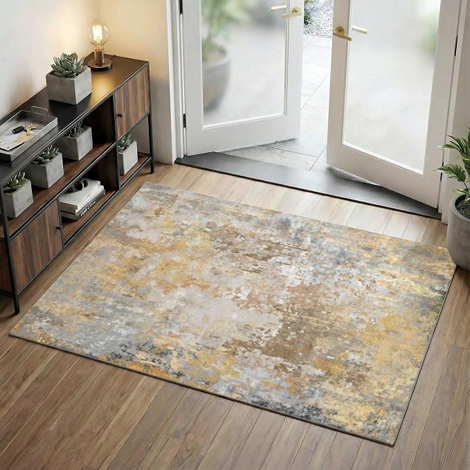Beige Gold Entryway Rug 3x5 Door Mat Indoor Entrance 36x60, Washable Small