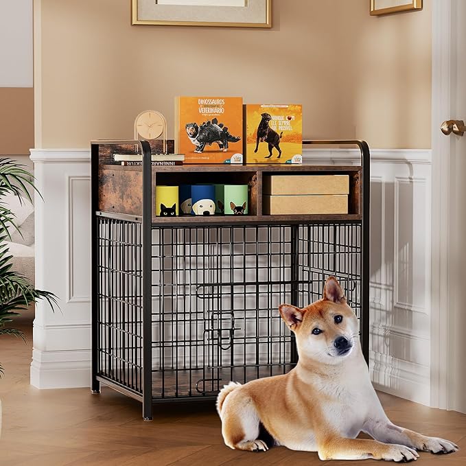 Small Dog Crate Furniture with Drawers Storage, Puppy Dog Kennel Indoor with Double Doors, Heavy Duty Wooden Dog Cage Table, Sturdy Metal, Rustic Brown