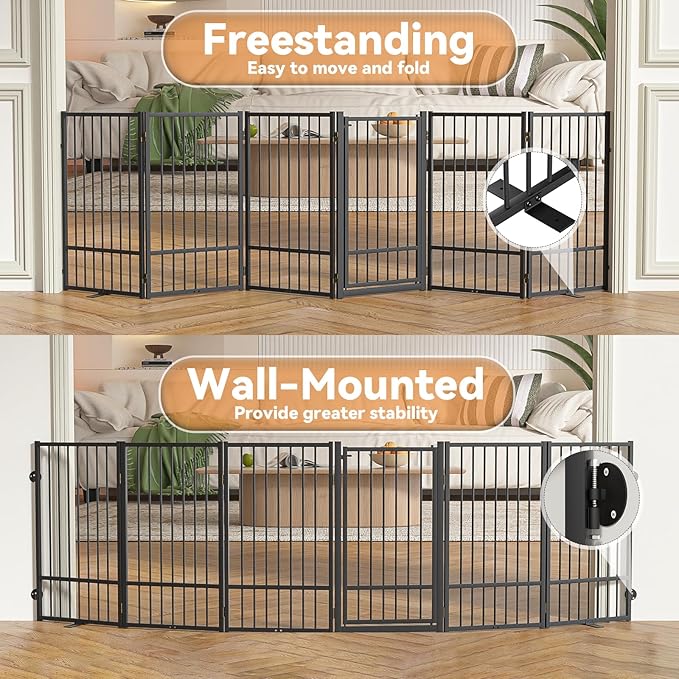 Full Metal Freestanding Dog Gate with Door, 32''Height Foldable Pet Dog Fence for Indoor & Outdoor, 6 Panels Extra Wide Free Standing TallDog Gates for Doorways,House,Stairs,Porch,Deck,Yard