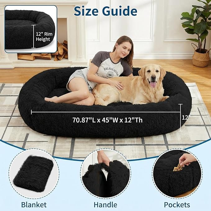 GarveeHome Human Sized Dog Bed, 71" x 45" x 12" Large Dog Bed with 2 Storage Pockets, Fluffy Faux Fur Orthopedic Pet Bean Bed for Adults & Giant Pets - Black
