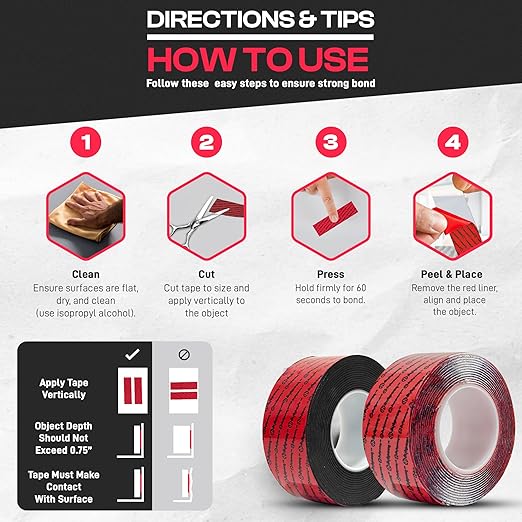 GripBond Clear Double Sided Tape, 4 Rolls (18.3 Ft), 1.2”x220” – Clear Mounting Tape for Hanging Picture, Poster, Carpet, Photo Decorations - Nano Adhesive for Home, Office, Indoor & Outdoor Use