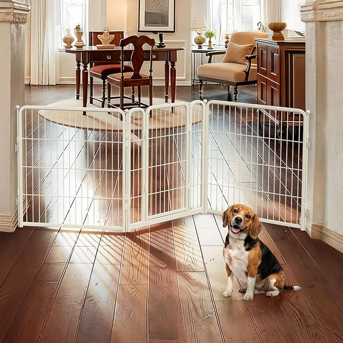 FXW Dog Gate Extra Wide Designed for Indoor Use, Adjustable Width Up to 83-inch Wide (32" H 3 Wire Panels for Small and Medium Dogs), White