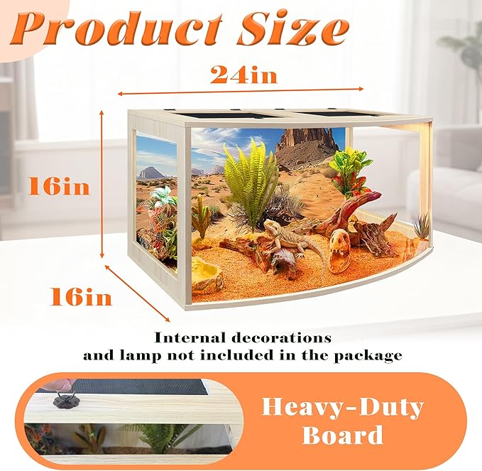 PROLEE Bearded Dragon Tank, Curved Reptile Enclosure with 3-Side Clear Acrylic Panels, Spacious Lizard Tank with Metal Mesh Top and Lockable Door for Reptile Habitat