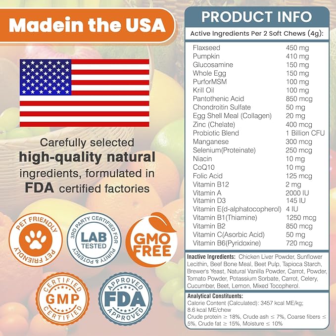24-in-1 Dog Vitamins and Supplements 300 Ct Dogs Multivitamin Chewable Contain Chondroitin Probiotics Omega-3 Glucosamine for Dogs Skin Coat Heart Joint Gut Liver Brain Immune Support - Peanut Butter