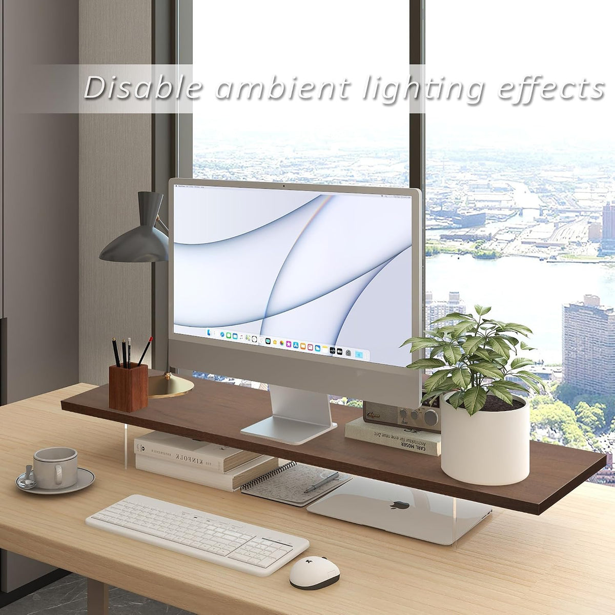 Monitor Stand Riser,Wood & Acrylic Computer Monitor Stand with LED Strip Light,Desk Accessories Desktop Organizer Stand for Computer,Laptop,Printer,PC & TV Screen