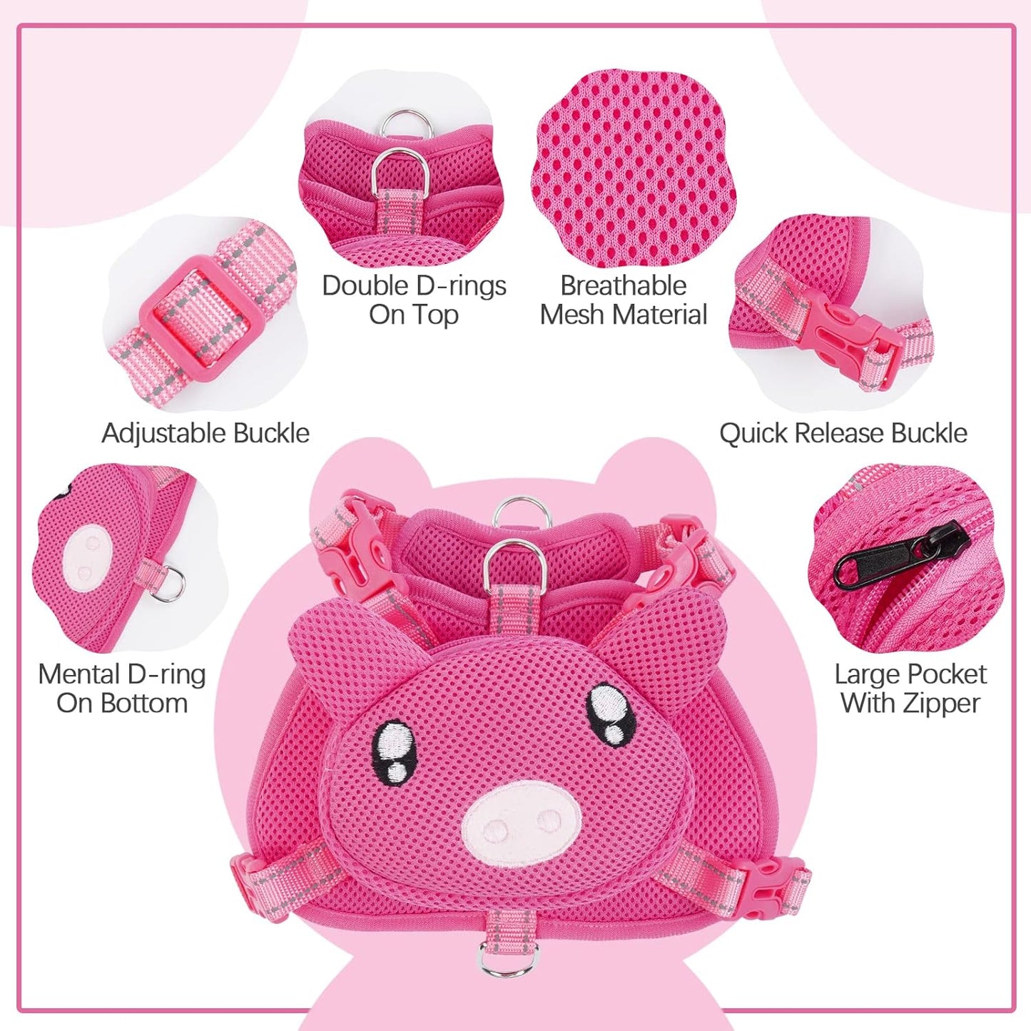 IDOMIK Dog Backpack Harness, No-Pull Dog Backpack with D-Ring for Small Medium Dogs, Cute Self Carrier Backpack for Dogs to Wear, Adjustable Dog Harness Backpack for Traveling Camping Hiking,Pig,S
