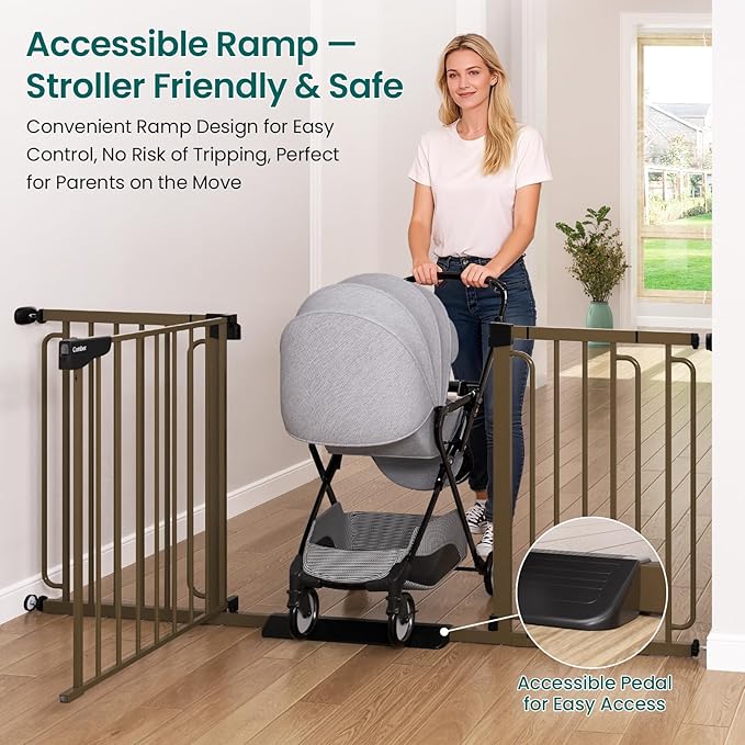 Cumbor Extra Wide Baby Gate, 36.6-69" Walk-Through Dog Gate for Stairs, Doorways & Hallways, 30.5“ Tall, Auto-Close & Dual-Swing Safety Child Gate Indoor, Easy Install Pressure-Mounted Pet Gate, Brown