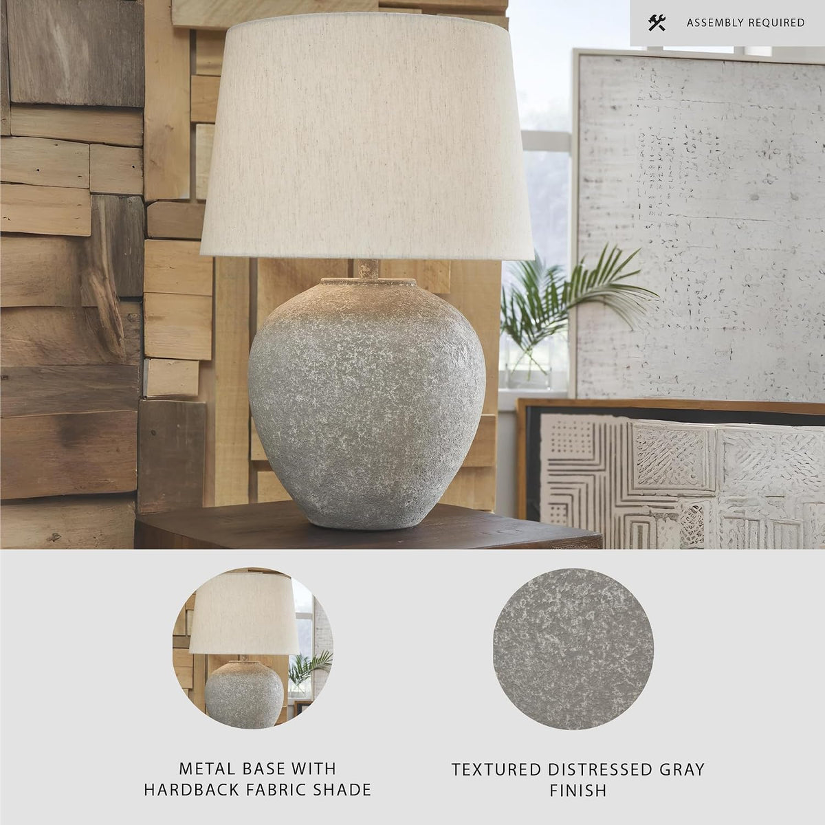 Signature Design by Ashley Dreward Table Lamp, Distressed Faux Stone Look, Textured Metal and Paper Composite Construction, for Living Room Consoles and Bedside Decor, Distressed Gray, 26" Tall