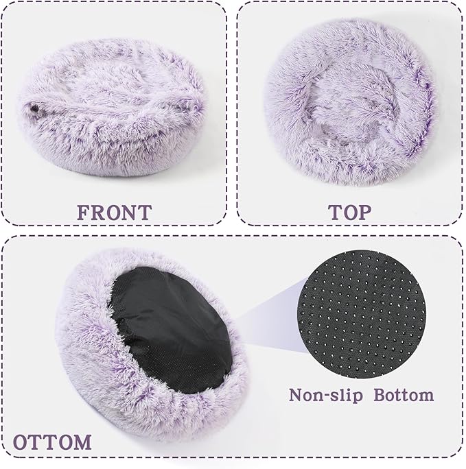 NOYAL Calming Dog Bed for Anxiety, Hooded Donut Cave with Blanket, Plush Fluffy Washable Pet Bed for Small Medium Dogs & Cats