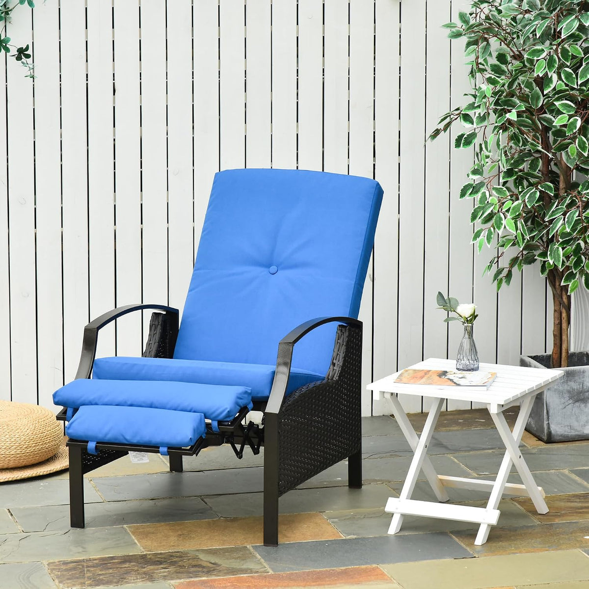 Outsunny Outdoor Recliner Chair, Reclining Patio Lounge Chair with Comfy Cushions, Footrest, Armrests, PE Wicker for Balcony, Porch, Blue