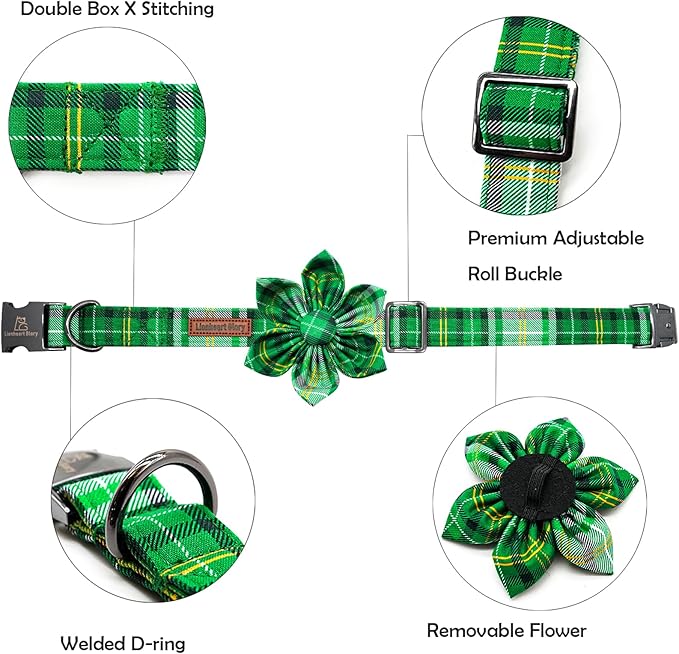 Lionheart glory St. Patrick's Day Dog Collar with Flower Dog Collar for X-Small Dogs, Green Plaid Cute Collars Spring Dogs Collars Flower Puppy Heavy Duty Cute