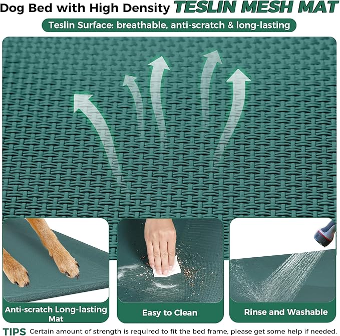 Windproof Elevated Dog Bed with Canopy & Stakes, 3-Sided 90% UV Block, Chew-Proof Teslin Mesh Mat for Large Dogs up to 150lbs(Green X-Large)