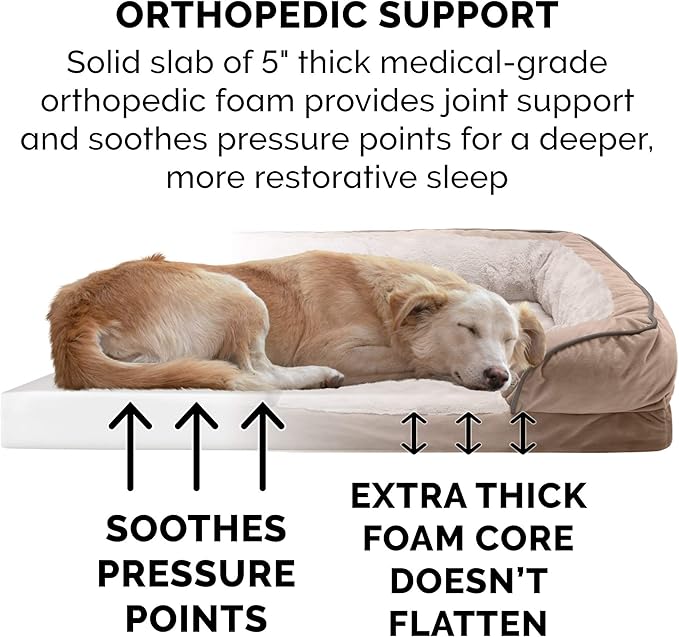 Furhaven Orthopedic Dog Bed for Large Dogs w/ Removable Bolsters & Washable Cover, For Dogs Up to 125 lbs - Plush & Velvet Waves Perfect Comfort Sofa - Brownstone, Jumbo Plus/XXL