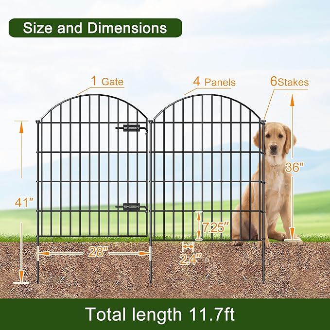 Metal Garden Fence with Gate 36in (H) x 11.7ft (L), 1 Gate+ 4 Panels Dog Fence Border Fence Animal Barrier, No Dig Garden Fencing for Yard Flower Bed Lawn Patio Outdoor, ECG3505, Black