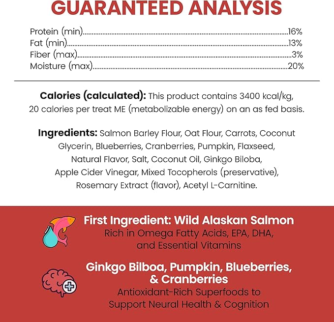 Chew + Heal Labs Dog Salmon Jerky Treats with Cognitive Support - 5 oz of Wild Caught Salmon Jerky Dog Treat - Made with Gingko Biloba, Blueberries, Cranberries, Pumpkin, and More - Made in The USA