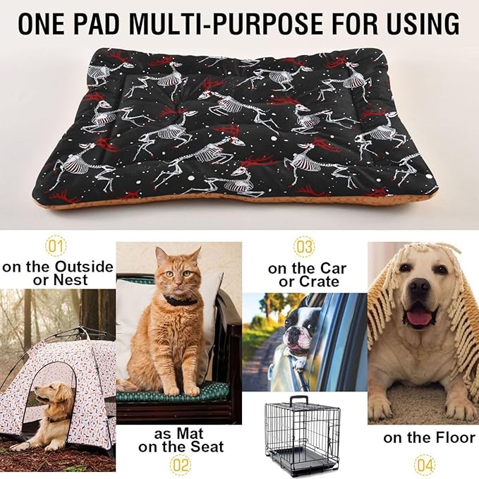 Christmas Deer Skeleton Gothic Pet Bed Cute Dog Bed Mat Absorbing Non Slip Pad Pet Sleeping Mat for Small, Medium, and Large Dogs Puppy Cat 24 in x 18 in