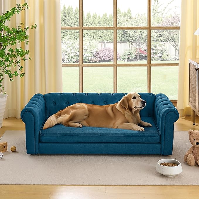 Dog Sofa Couch for Medium to Large Dogs, Memory Foam Dog Sofa Couch with Washable Fabric, Durable Elevated Pet Bed with Legs, Removable Cushion for Medium and Large Dogs, Dark Blue